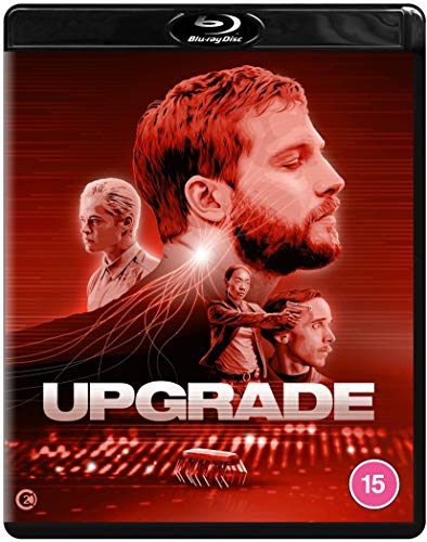 Blu-ray cover for the film Upgrade featuring a red-toned collage of characters and circuitry.