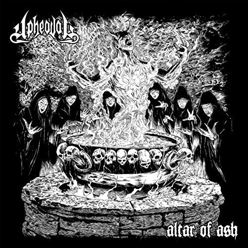 "Black and white album cover with robed figures around a skull-adorned altar."