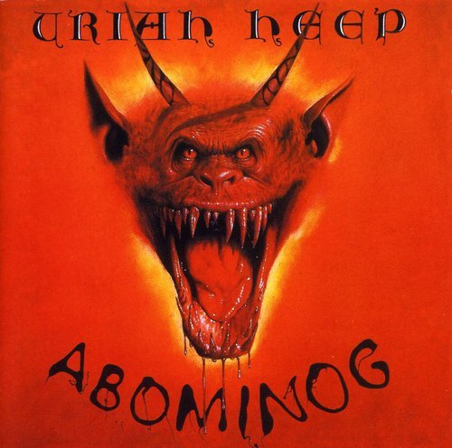 Red album cover for Uriah Heep’s “Abominog” featuring a monstrous face.