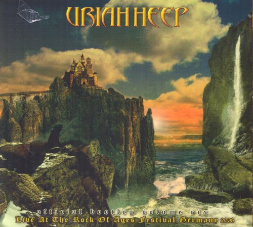 Uriah Heep CD cover: fantasy castle landscape with waterfall and text.