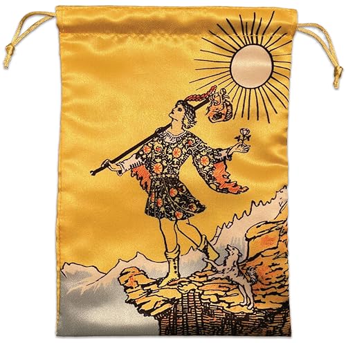 Gold tarot pouch with illustration of The Fool card figure.