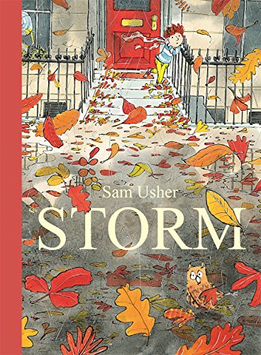 Book cover: boy with falling leaves and red door in a storm.