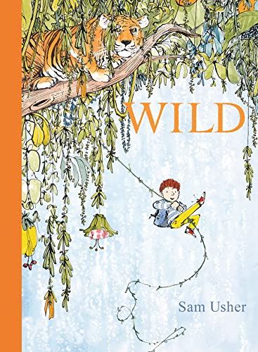 A tiger rests on a branch above a boy swinging on a vine.