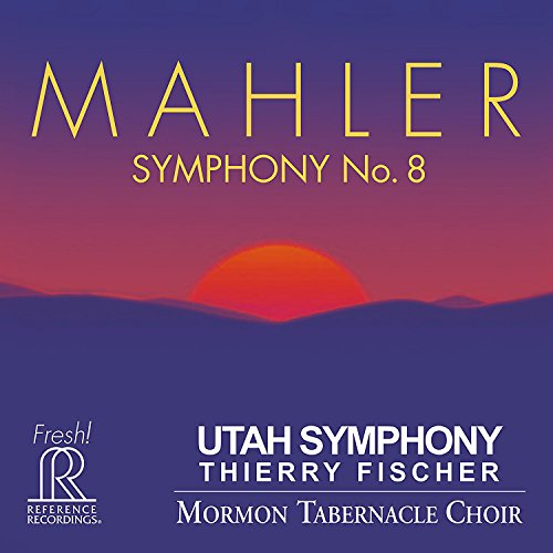 CD cover for Mahler’s Symphony No. 8, featuring a red sun over mountains.