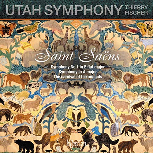 A CD cover featuring a colorful animal mosaic with "Utah Symphony" and "Saint-Saëns" text.