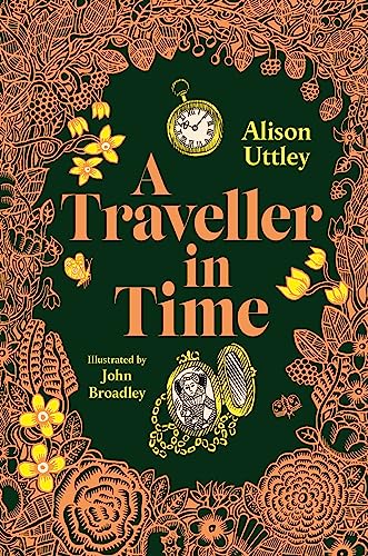 Book cover: “A Traveller in Time” with floral design and pocket watch.