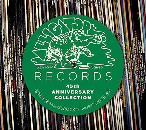 Green vinyl record label with white text and alligator illustration on a black background.