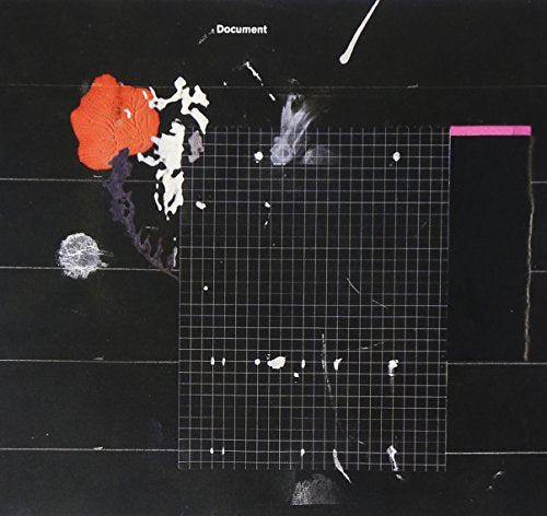 Abstract album cover with a black background, white grid, and orange paint splatter.