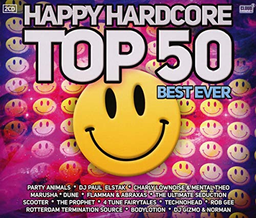 Double CD cover for “Happy Hardcore Top 50 Best Ever” with smiling faces.