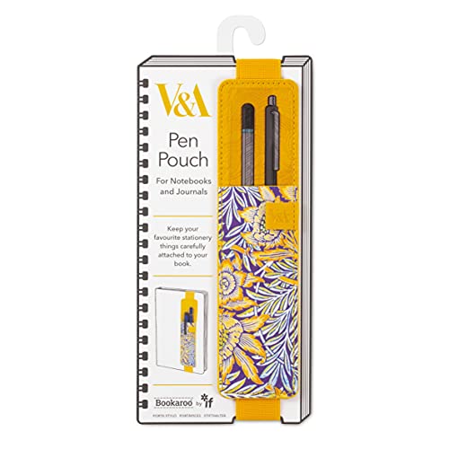Floral pen pouch with two black pens, hanging on packaging.