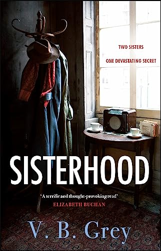 Book cover: “Sisterhood” with coats, table, radio, and window scene.