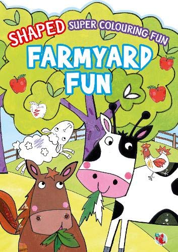 Shaped coloring book cover with farm animals: cow, sheep, horse, and chicken.