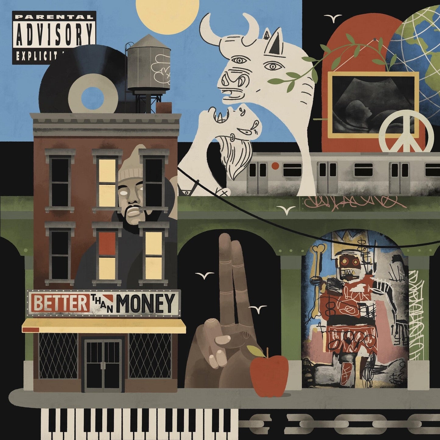 Surreal collage art featuring a city building, a bull, a subway train, and graffiti.