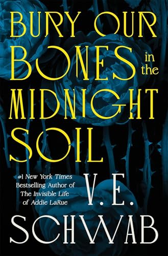 Book cover: dark floral background with yellow title, “Bury Our Bones...”