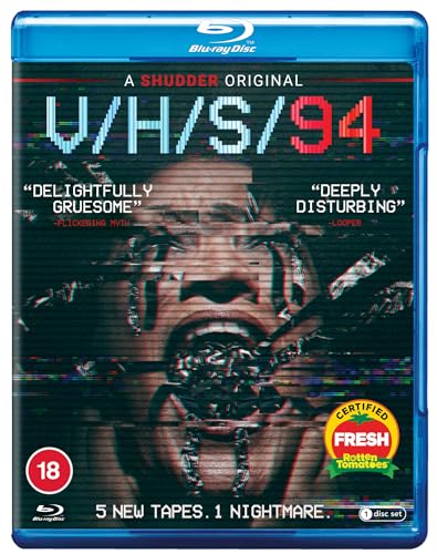 V/H/S/94" Blu-ray cover with distorted face and glitching effects.