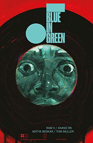 Book cover: "Blue in Green" with a teal face within a dark, circular design.