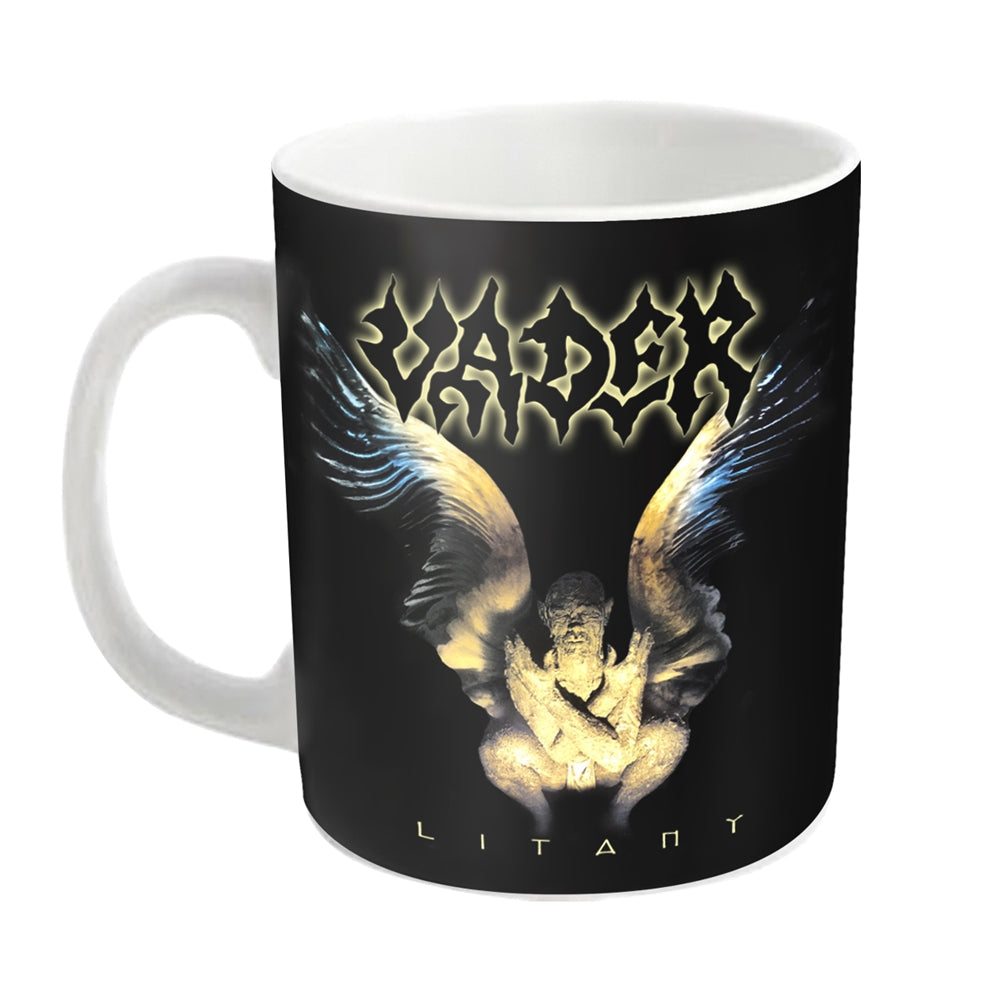 Black mug with "VADER" logo and image of a winged figure.