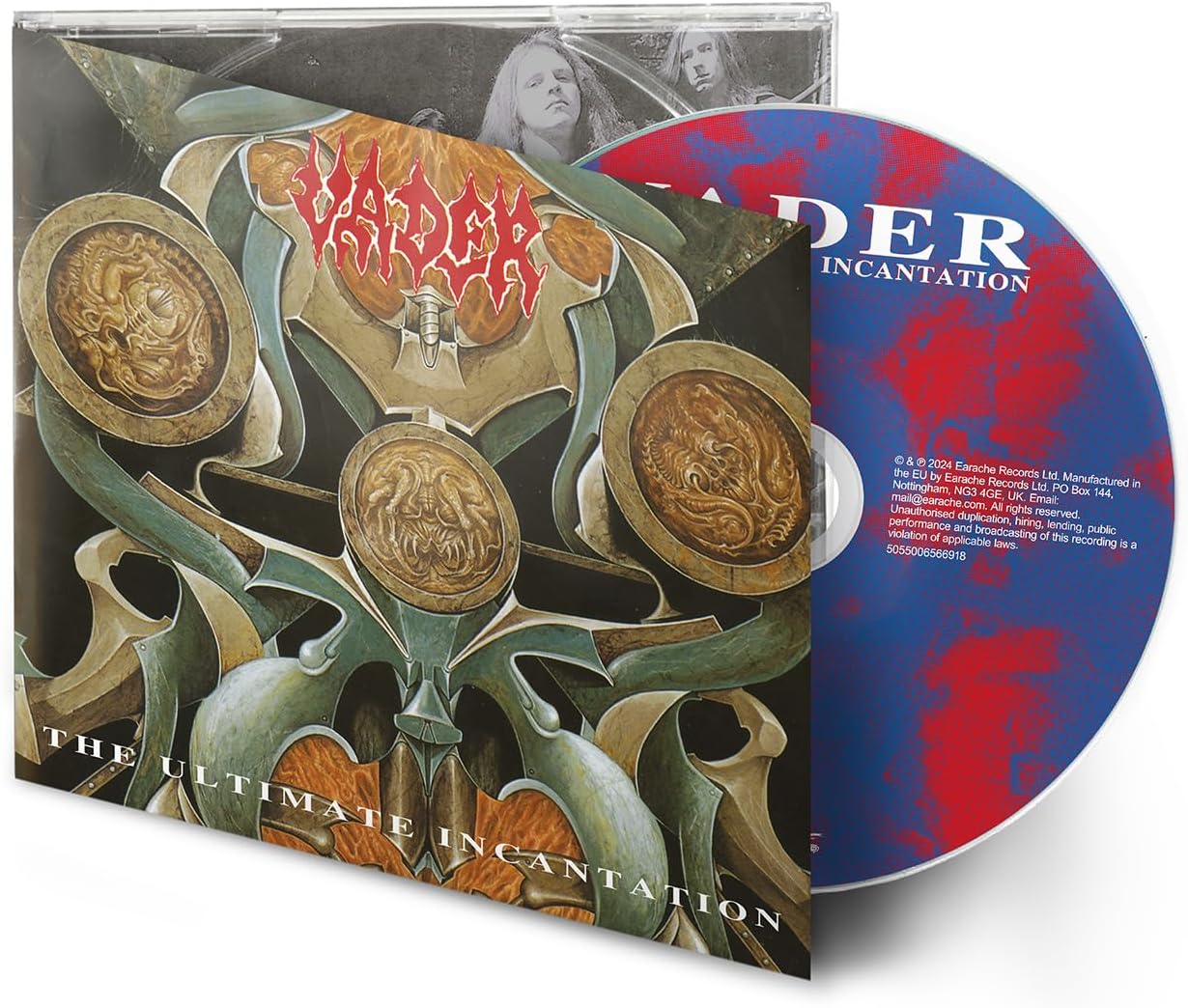 Vader" album cover with ornate gold designs and open CD case showing a red/blue disc.