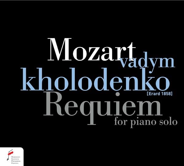 Album cover with white and blue text on a black background reading Mozart, Vadym Kholodenko, Requiem.