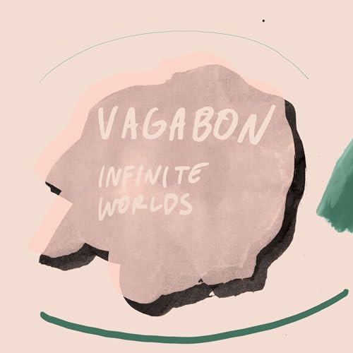 Album cover with Vagabon Infinite Worlds text on a pink watercolor shape.