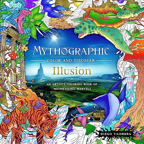 Coloring book cover with fantastical creatures, plants, and architectural details.