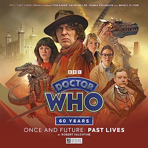 Doctor Who audio drama cover featuring Tom Baker, cast members, and a reptilian creature.