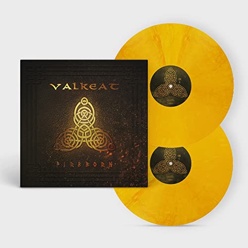 Valkeat "Fireborn" vinyl record with ornate cover and two yellow discs.