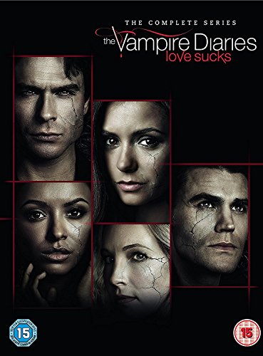 DVD cover for "The Vampire Diaries" featuring cast with cracked skin.