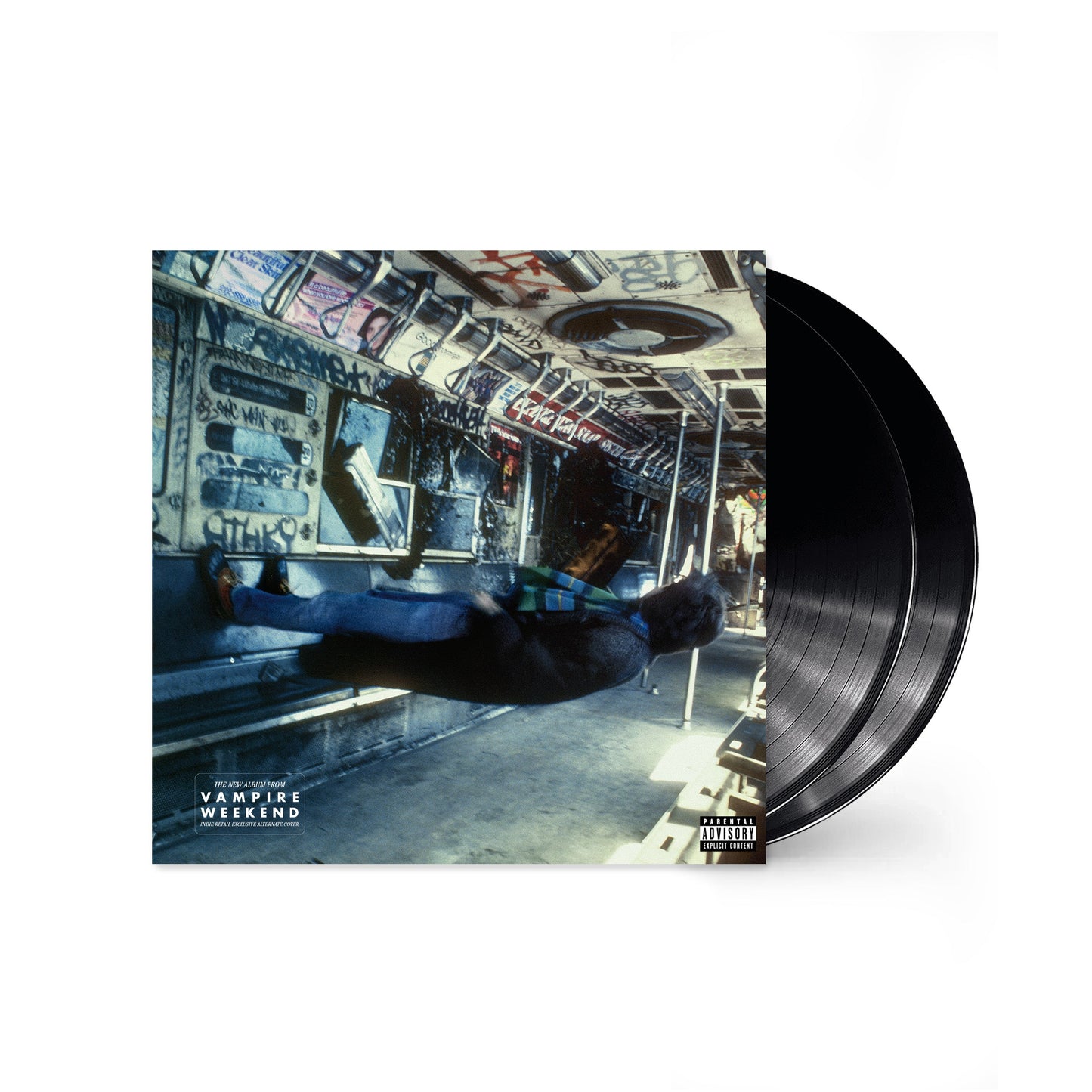 Vampire Weekend album cover with a subway scene and black vinyl record.