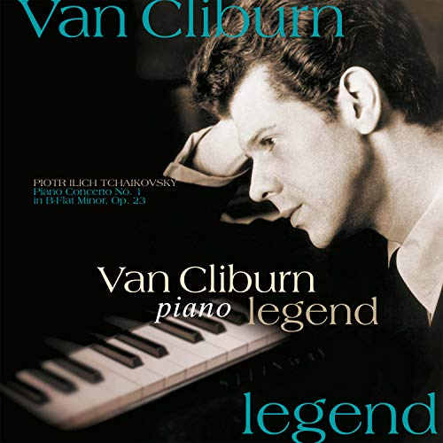 Van Cliburn portrait on album cover with piano keys, dark background.