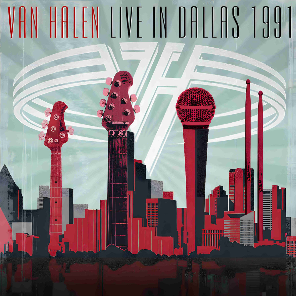 Van Halen album cover: guitars and microphone forming a city skyline.