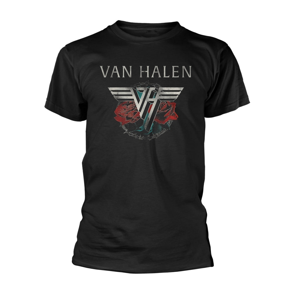 Black Van Halen tour t-shirt with logo and roses graphic.