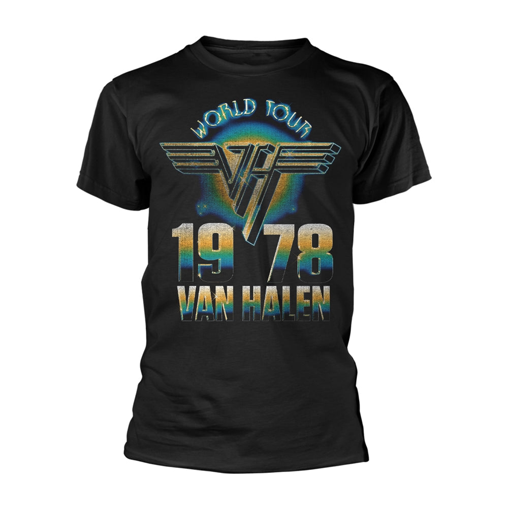 Black t-shirt with Van Halen’s 1978 “World Tour” logo in gold and blue.