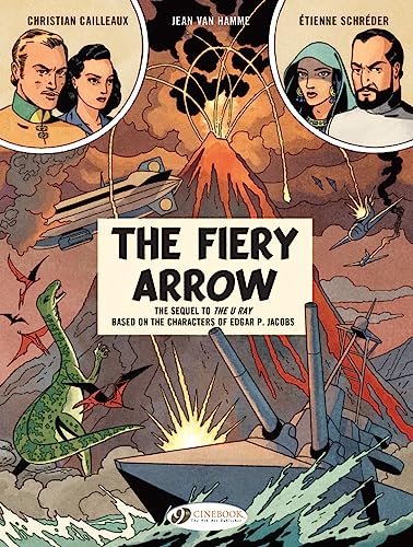 Comic book cover: submarine, volcano, dinosaurs, and character portraits.