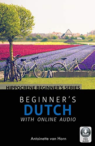 Book cover: "Beginner’s Dutch with Online Audio" with bicycles and flowers.