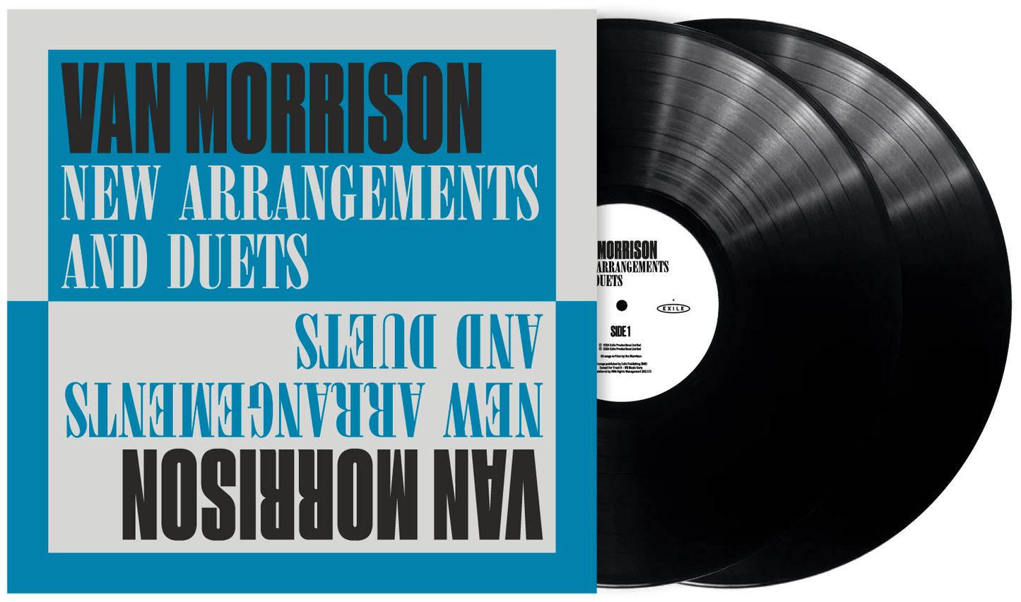 Van Morrison album cover with a black vinyl record centered right.