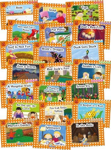 Sixteen colorful children’s books from the “Jolly Phonics Orange Level” series.