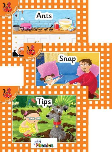 Three Jolly Phonics orange level readers with illustrations titled Ants, Snap, and Tips.
