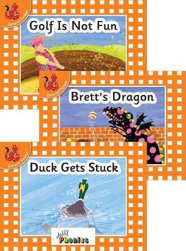 Three Jolly Phonics Orange Level reader books with orange checkered borders.