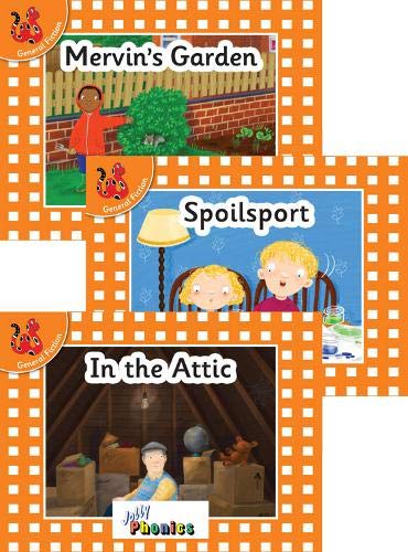 Three Jolly Phonics Orange Level reader book covers featuring illustrated scenes and titles.