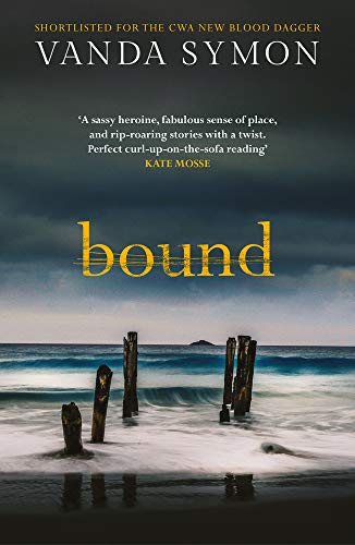 Book cover: "Bound" by Vanda Symon, featuring weathered posts on a beach.