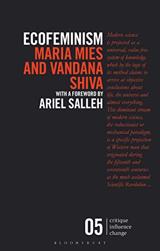 Book cover for "Ecofeminism" by Mies & Shiva, with red and white text.