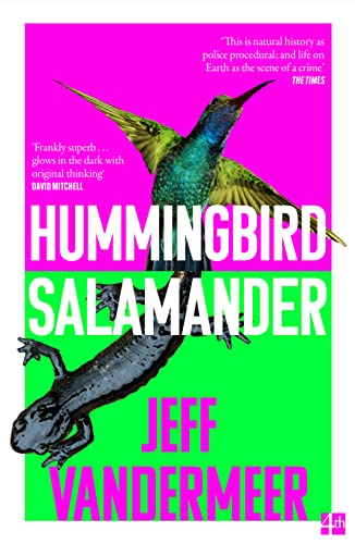 Book cover with a hummingbird, salamander, and bold pink and green text.