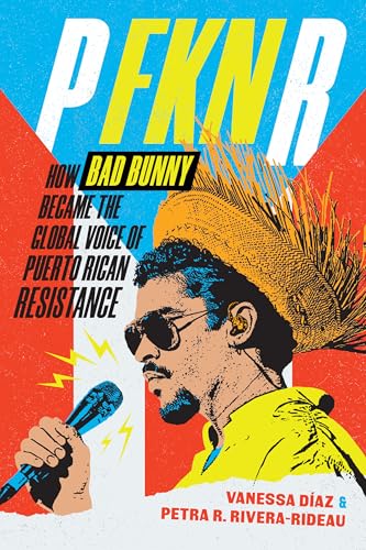 Book cover featuring Bad Bunny with a microphone, bold text, and red/blue background.