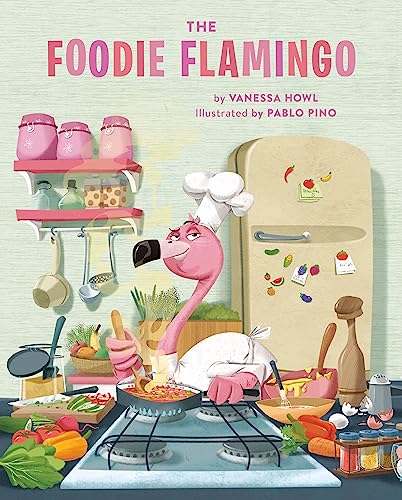 Flamingo chef cooking at a stove with kitchen tools and food.