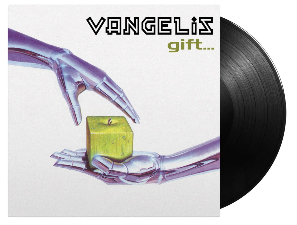 Vangelis “Gift” vinyl record with robotic hand and green cube cover art.