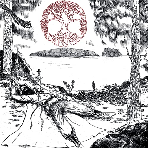 Black and white illustration of a landscape with a figure and tree symbol.