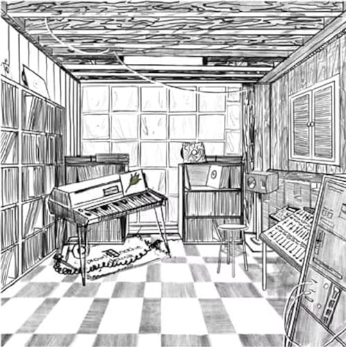 Black and white line drawing of a music studio with a keyboard and records.