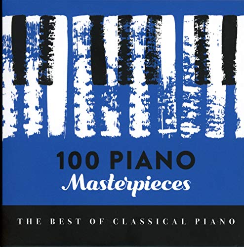 CD cover featuring stylized piano keys over a blue background with text 100 Piano Masterpieces.