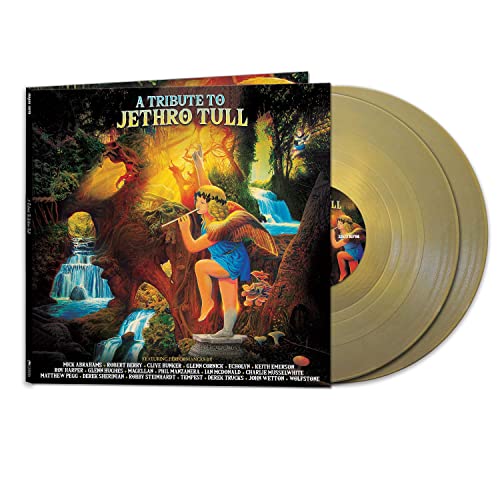 Vinyl record album cover and two gold vinyl discs featuring a flute-playing angel.